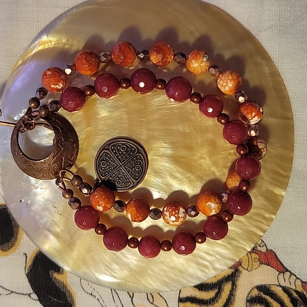 7.5" Handmade Bracelet Carnelian, firecracker agate, copper